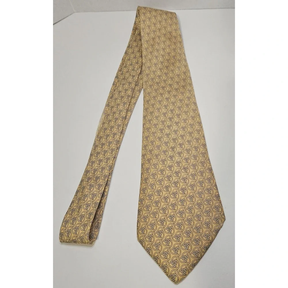 VTG Hermes Yellow 100% Silk Tie Chain Link‎ Pattern Made In France 7351 PA 90's